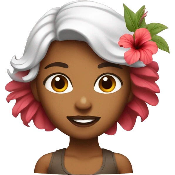 Chica de piel blanca con pelo ondulado y color marrón con una lo de hibiscus  emoji