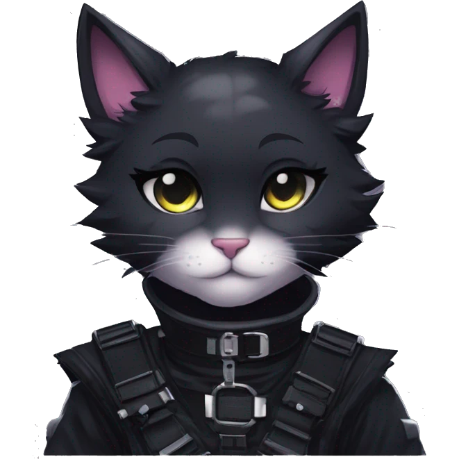 Gorgeous furry gothic dark techwear anime style anthro black cat furry with blushing face aesthetic and pretty edgy black with collar and harness trending style emoji