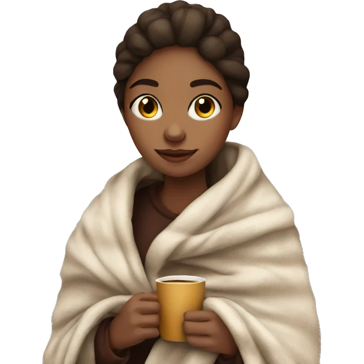 cozy medium skinned girl with coffee and a blanket emoji