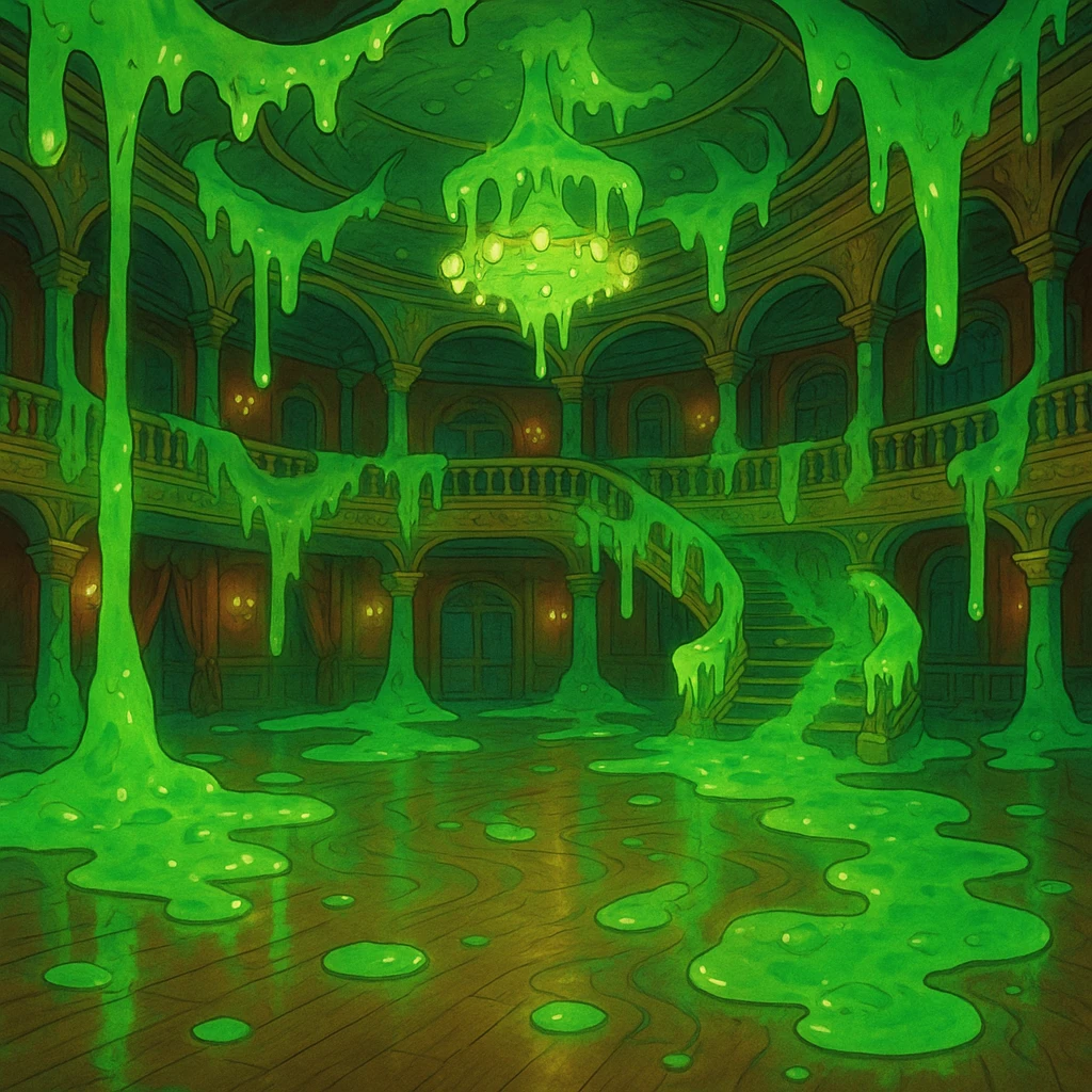 a ghibli-inspired dance hall with a whimsical, slimy atmosphere and glowing green ooze emoji