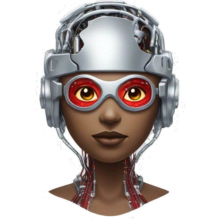 Red skin female cyborg head with silver goggles, silver circuits emoji