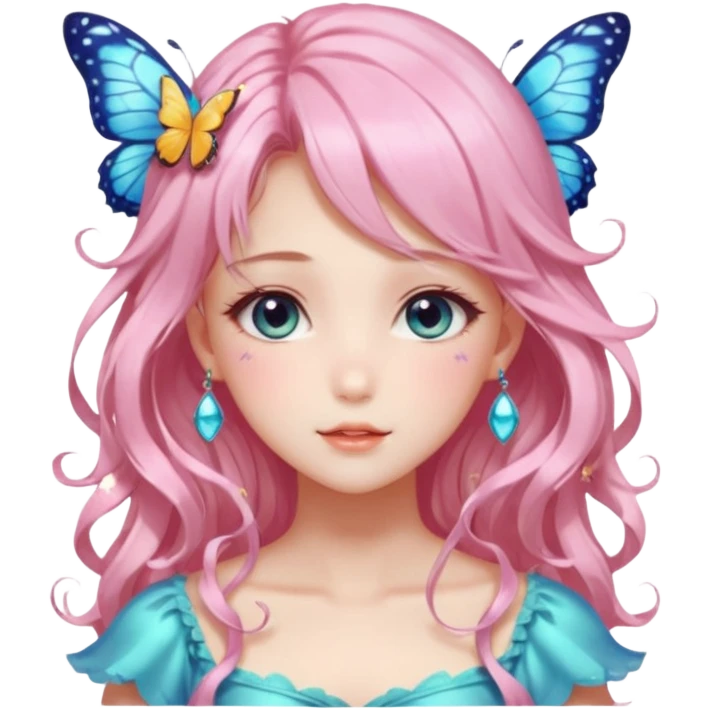 gorgeous shiny blushing anime lady with butterflies and beautiful hair fairycore high quality detailed vogue trending aesthetic emoji