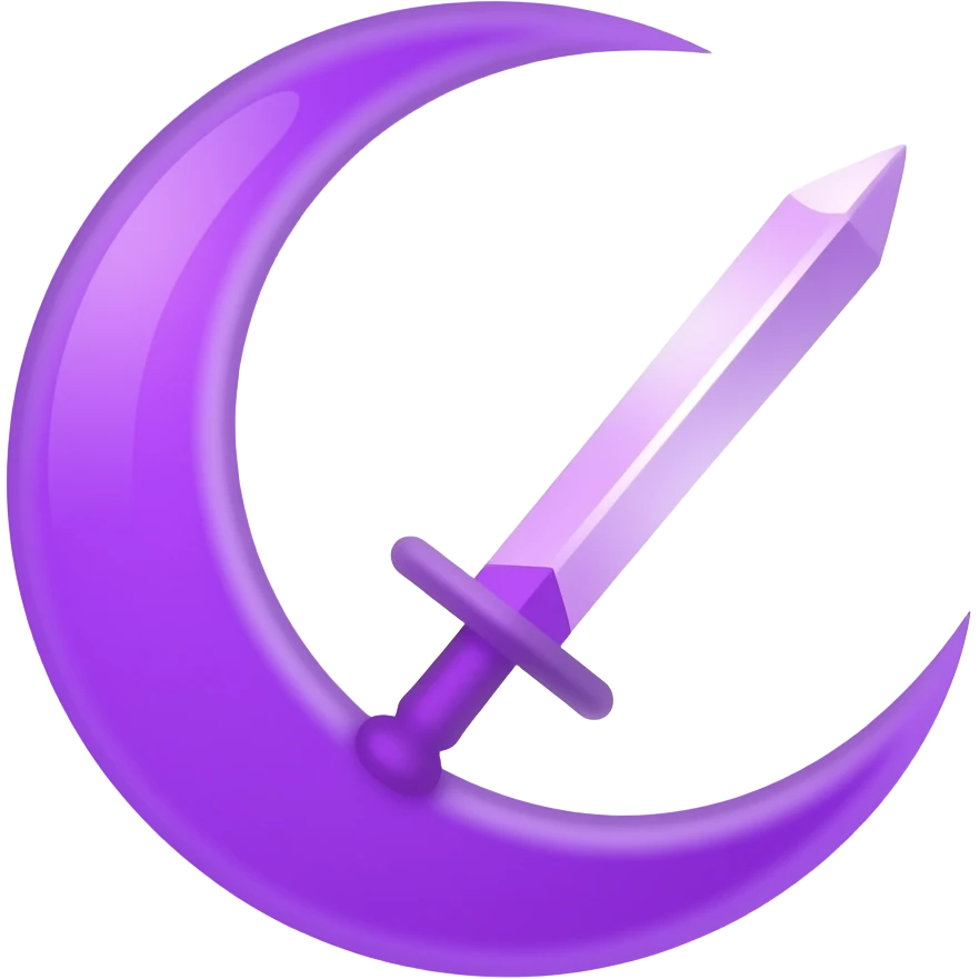 Crescent glowing purple moon with sword, glowing violet, clean emoji icon, minimal, centered, transparent background. emoji