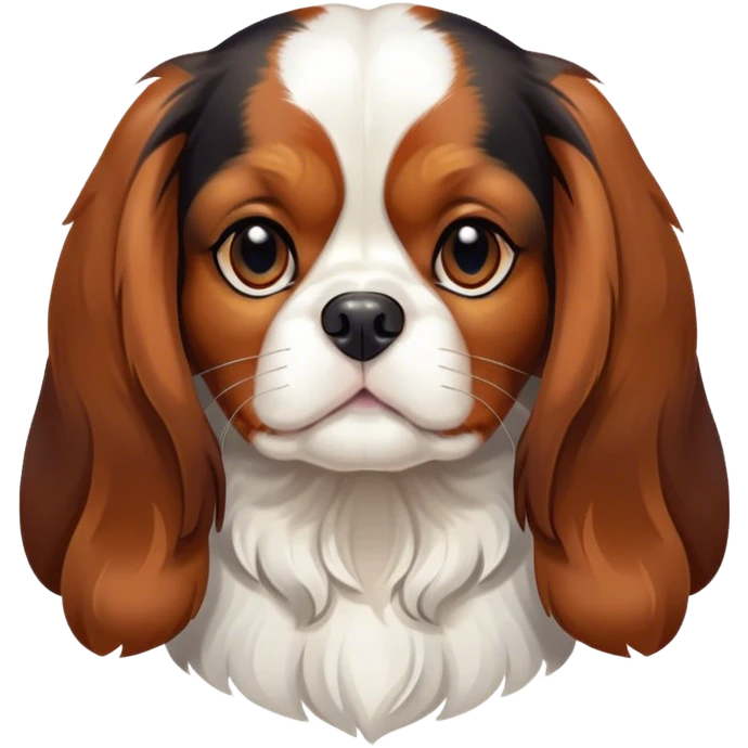 Cinematic Noble Tri-Colour Cavalier King Charles Spaniel Portrait Emoji, Poised and regal, with a graceful, medium build and a well-groomed tri-colour coat featuring rich black, white, and tan markings, soulful brown eyes, Simplified yet sharp and sophisticated features, highly detailed, glowing with a soft, dignified glow, high shine, intelligent and affectionate, stylized with an air of elegance, focused and attentive, soft glowing outline, capturing the essence of a watchful and refined companion, so majestic it feels as though it could step out of the screen with effortless authority! emoji