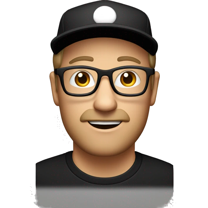 mid age white man in a white t-short, black cap with white dot on it, in black-framed square glasses, small brown beard, on a black background  emoji