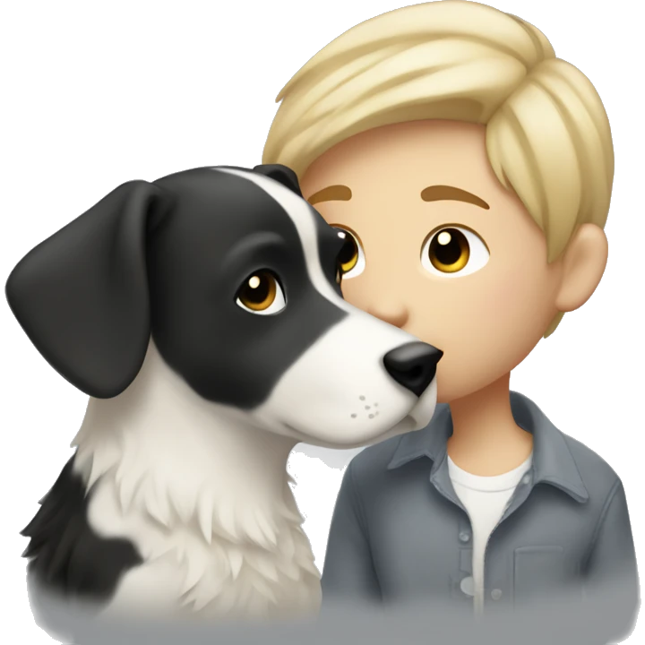Tom boy with short blonde hair kissing a black and white dog with long hair emoji