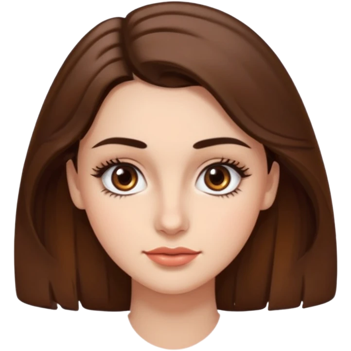 uma mulher com cabelo curto, castanho, levemente ondulados e um pouco abaixo do ombro, sobrancelhas grossas e cílios grandes. Cor da pele é branca e olhos castanhos e um pequeno sinal na bochecha direita.  emoji