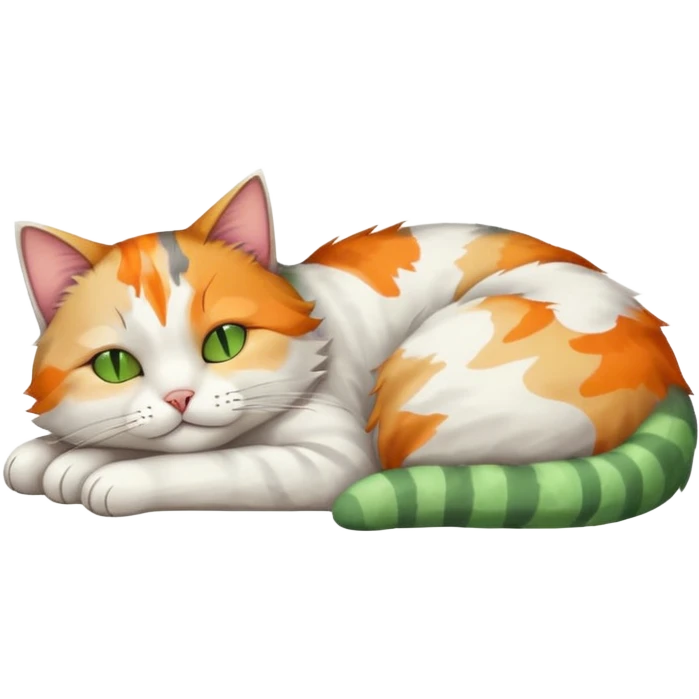 full body colourful light patched calico + white tabby cat sleeping emoji