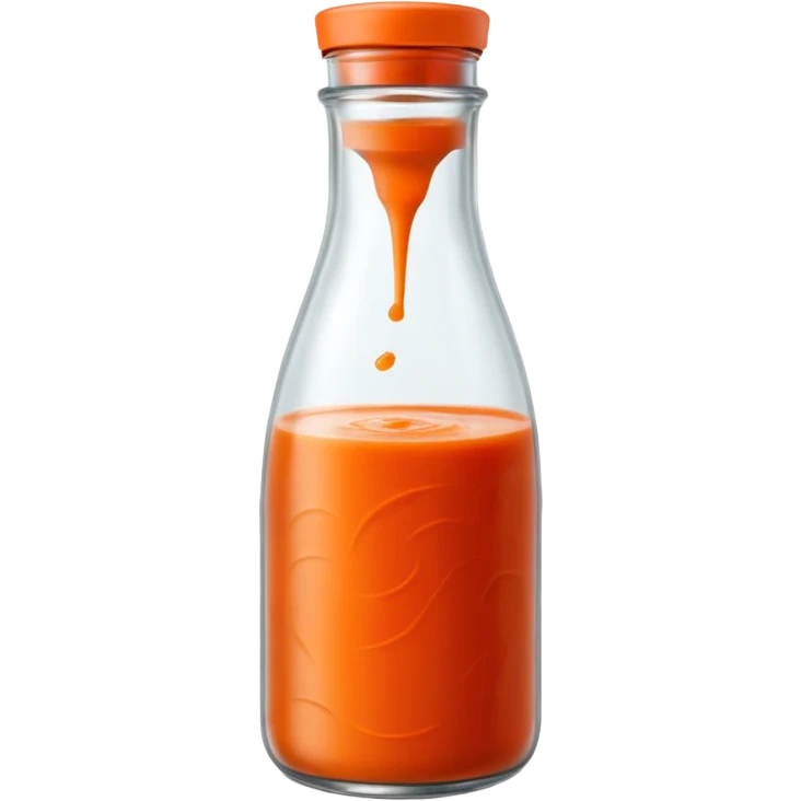 tall clear bottle filled with vibrant red-orange soup, slightly textured and opaque, soft ripples visible through the glass, chilled vegetable blend, capped with metal lid, no label or garnish, sealed bottle, apple emoji style, soft lighting, subtle shadows, transparent background, emoji scale emoji