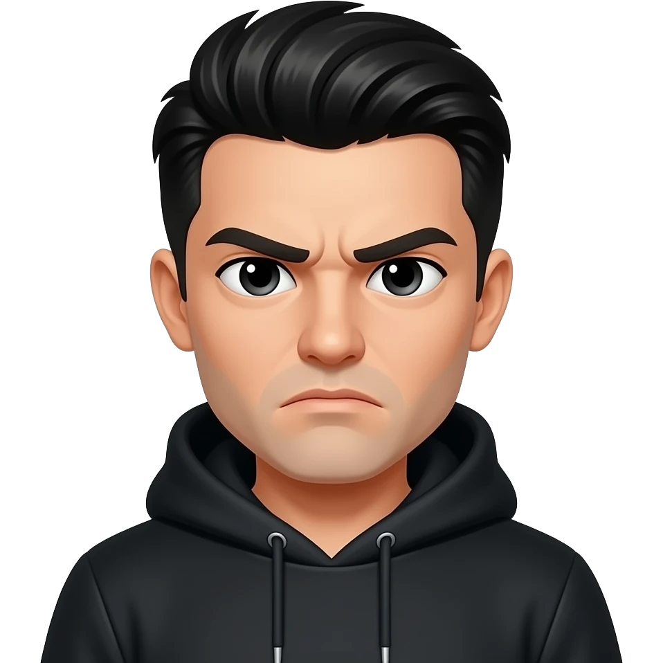 Slicked back black hair, black hoodie with hood down, frowning and squinting emoji