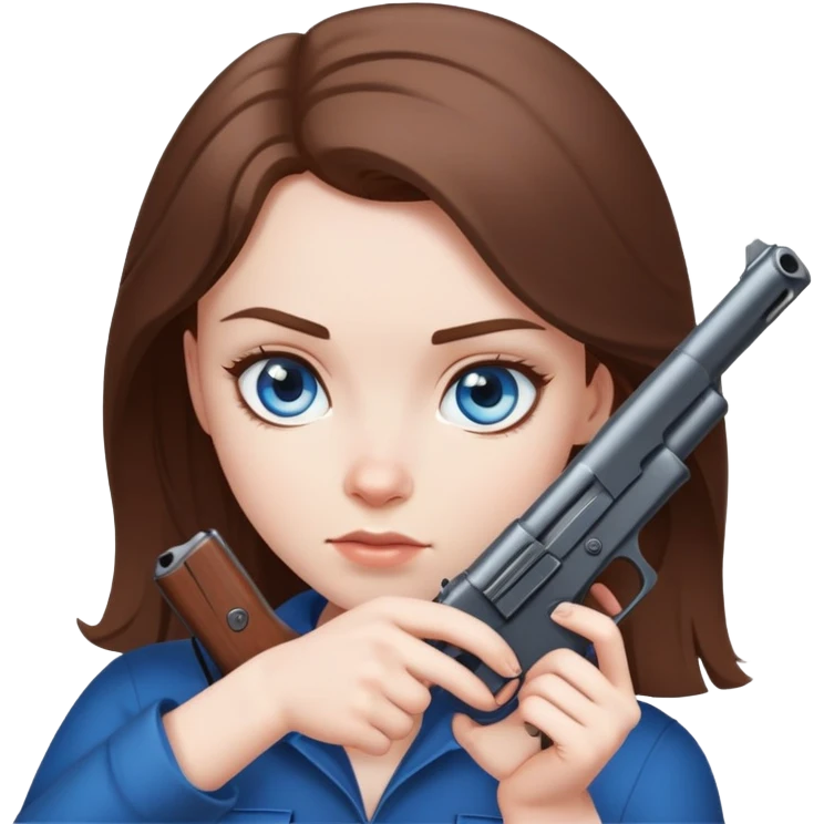 White girl with blue eyes and brown hair holding gun to the camera emoji