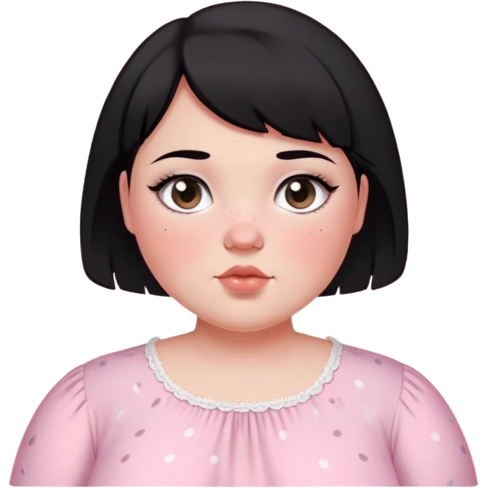 black short haired chubby girl with black eyes and fair skin with freckles in a light pink coquette blouse emoji