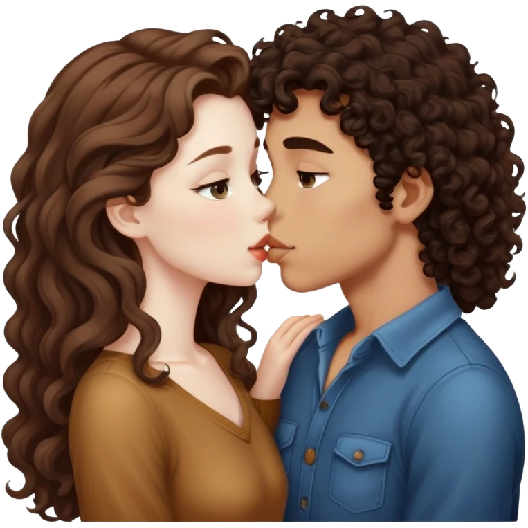 long light brown hair girl with pale skin and boy with dark curly hair and tanned skin kissing emoji