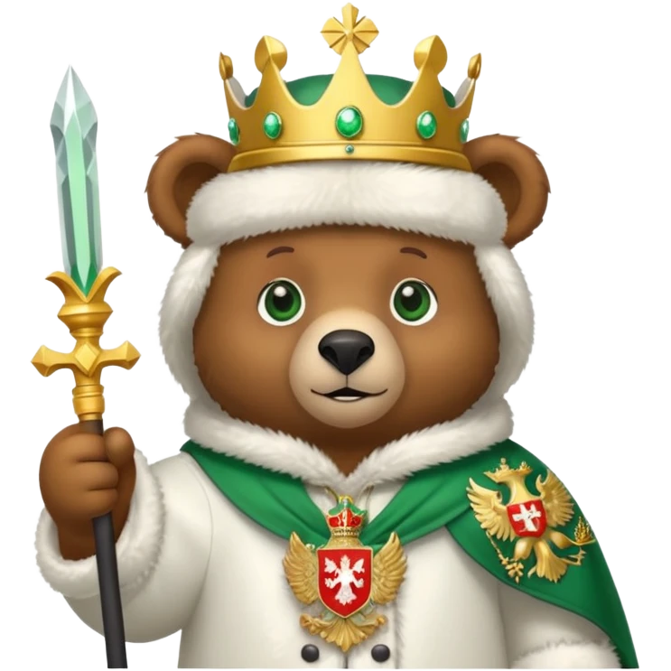 Adorable brown bear with green eyes, white ushanka hat featuring very clear and accurate Russian Federation double-headed eagle coat of arms with crowns and scepter, iOS emoji style emoji