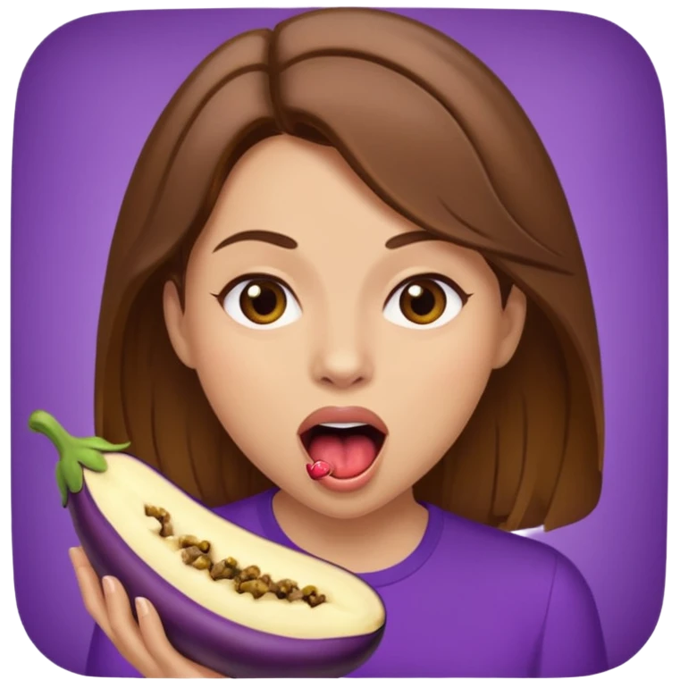 Brown hair light skin woman mouth open about to eat an eggplant emoji