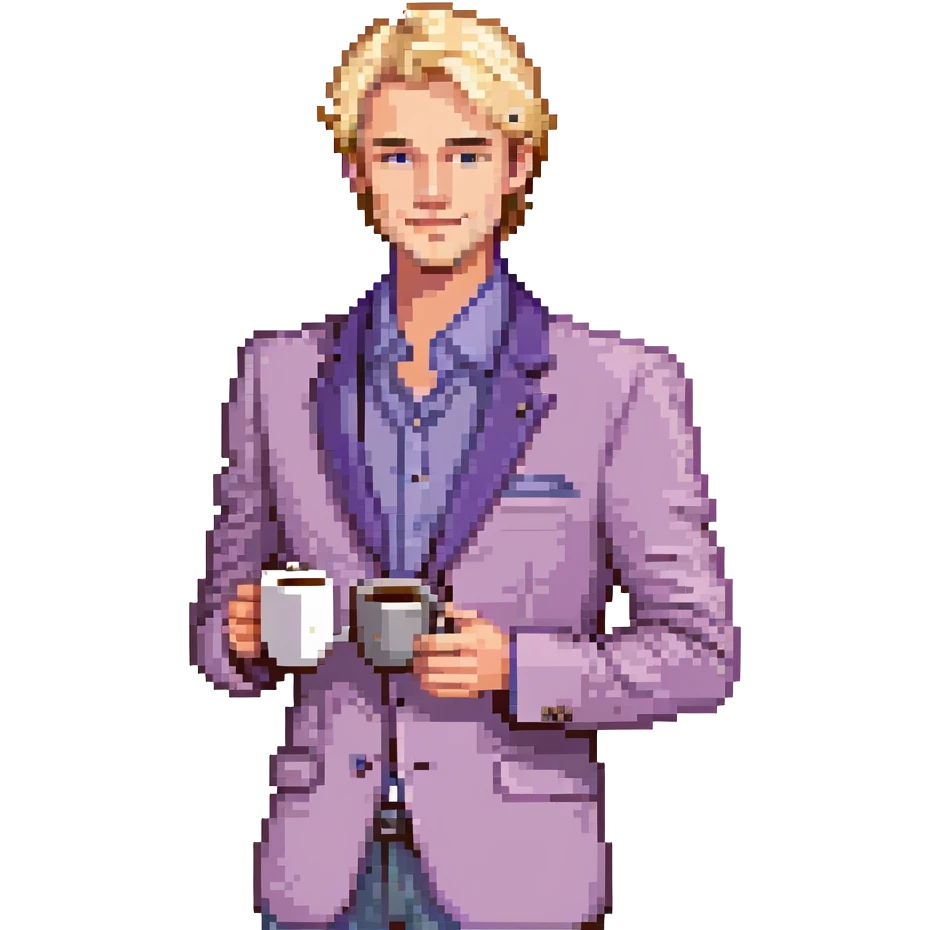 Confident male entrepreneur, Caucasian features, blonde hair, defined eyebrows, slight smile, wearing violet blazer over light violet shirt, holding a coffee cup in right hand, waist-up, front-facing emoji