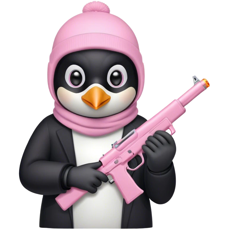 penguin wearing light pink ski mask holding a light pink gun emoji
