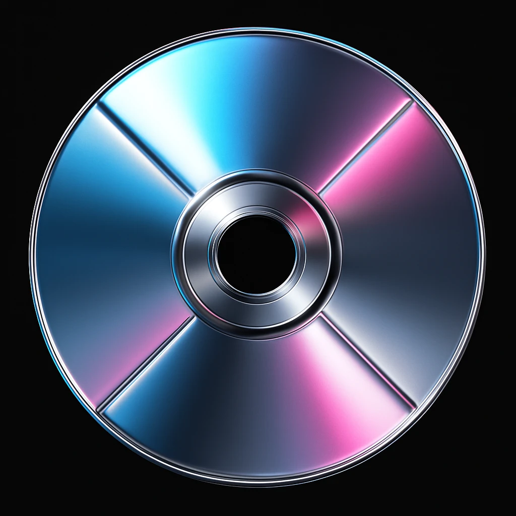 A minimalist CD disc with geometric pattern, glowing effect, pink color, chrome style, blue color emoji