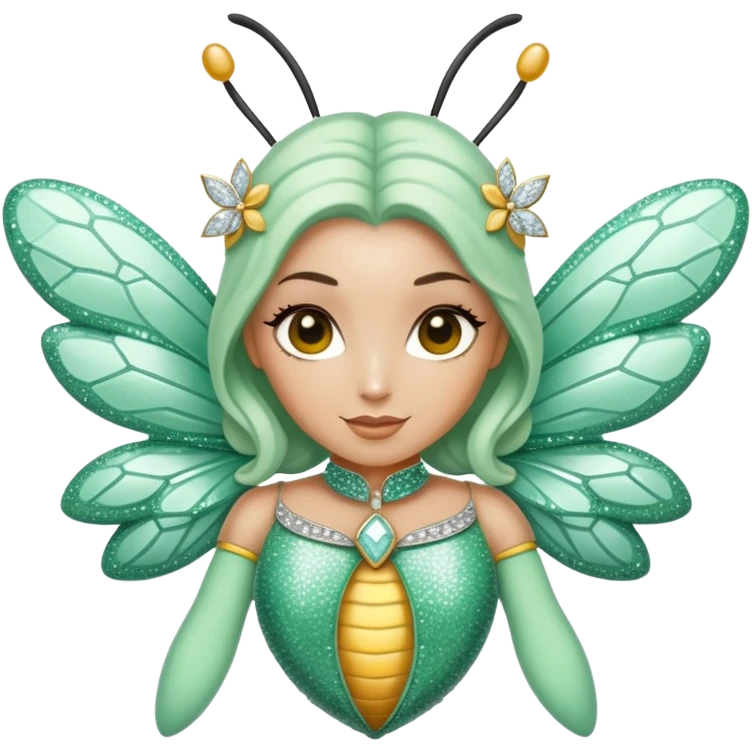 Mint green woman bee with diamond wings, sparkly rhinestones, and glitter accents emoji