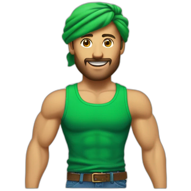 Homme aux cheveux verts très musclé et a  une cicatrice à l’œil gauche. Il porte une chemise blanche. Il a un bandana vert et porte 3 pendentifs dorés à l’oreille gauche  emoji
