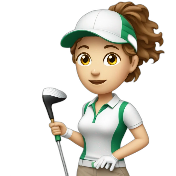 female with brown wavy hair dressed in golfwear with golf club and golf ball emoji