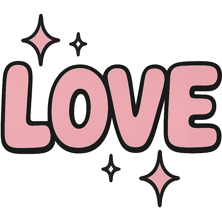 the word 'love' in bold, playful letters with sparkles, no background emoji