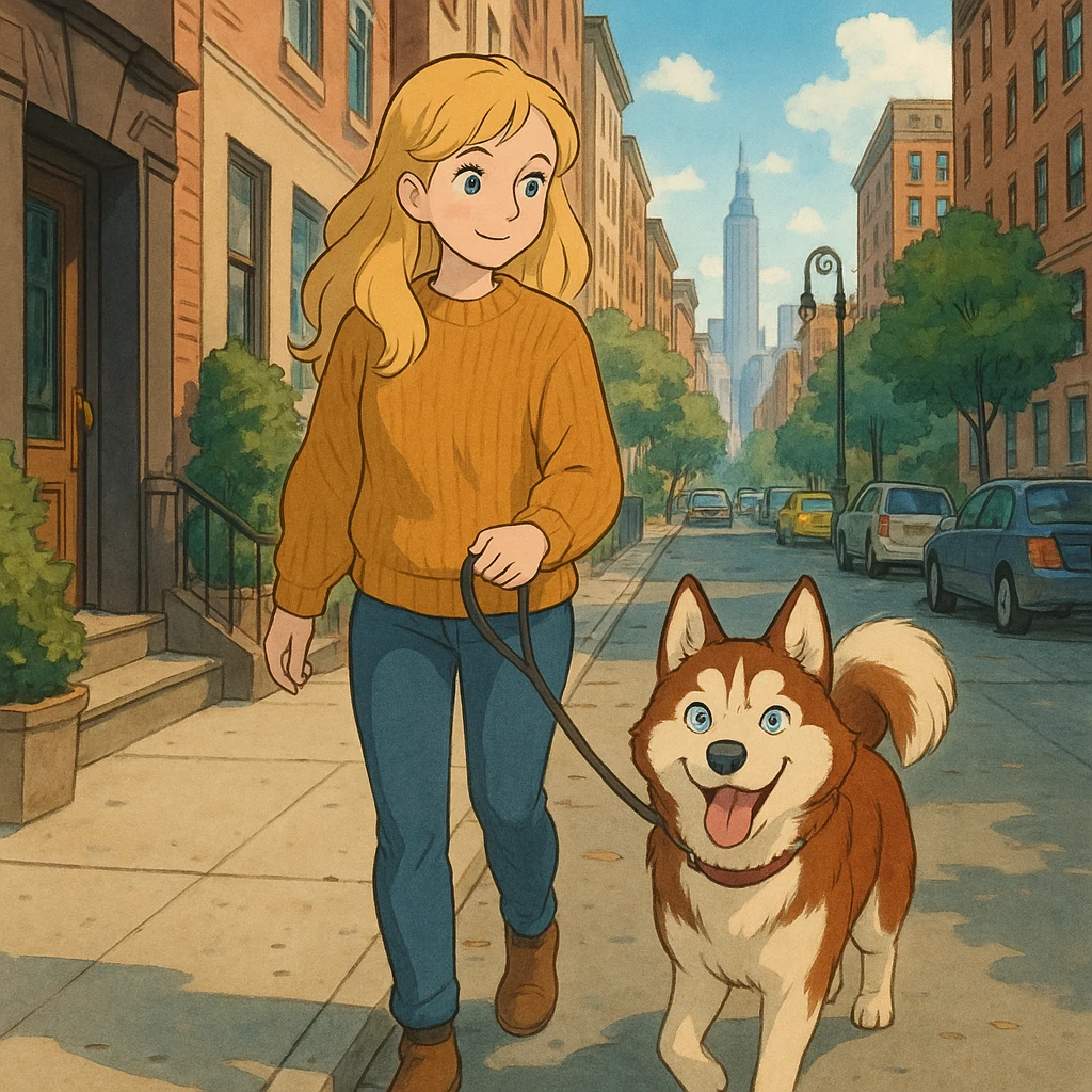 Cute Blonde woman wearing a sweater walking a happy red-brown blue-eyed Siberian husky in New York City on an upper east side city sidewalk  emoji