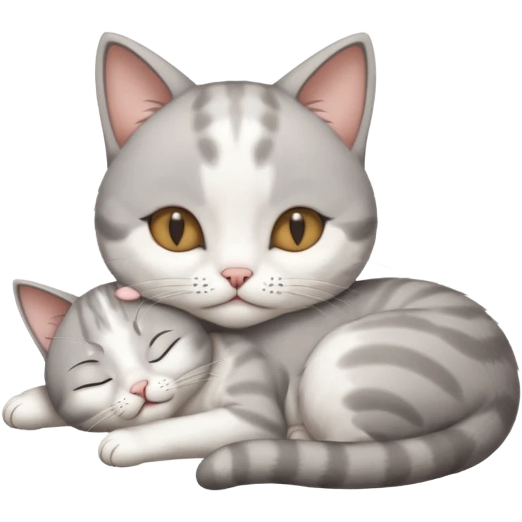 grey and white small cat with its eyes closed lying down with its paw holding up his head emoji
