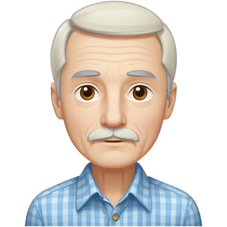 Skinny man in his 70s with fair skin. Long narrow face. Gentle light brown eyes. Fine straight white hair with light bangs, hair length extends below the ears. Thin eyebrows. White goatee connected to mustache. Slender appearance. Wearing a light blue and beige checkered button-up shirt. emoji