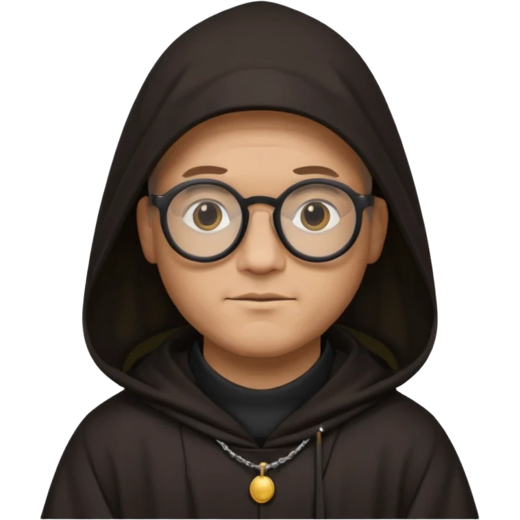 Monk priest prayer black habit with hood round black glasses done light brown wavy hair under hood  emoji