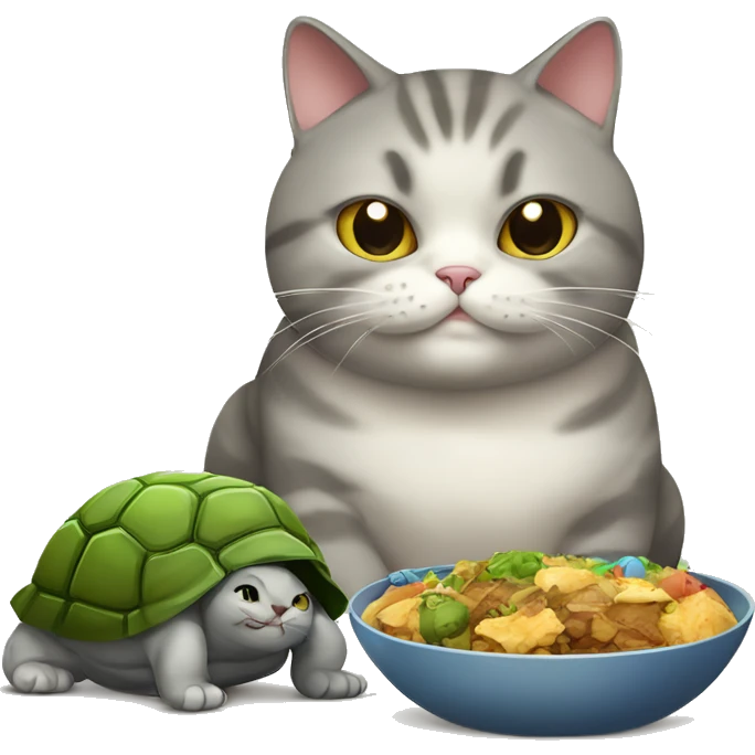 A fat British cat with a turtle color. There is a happy one at the bowl with food emoji