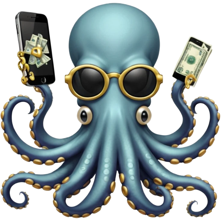 Intimidating octopus with pearl white skin, black suction cups. Wearing black mirrored sunglasses and a gold chain. 3 tentacles are holding their own cellphone with one held to the side of its face as if its on a phone call, 2 other tentacles are holding stacks of money emoji