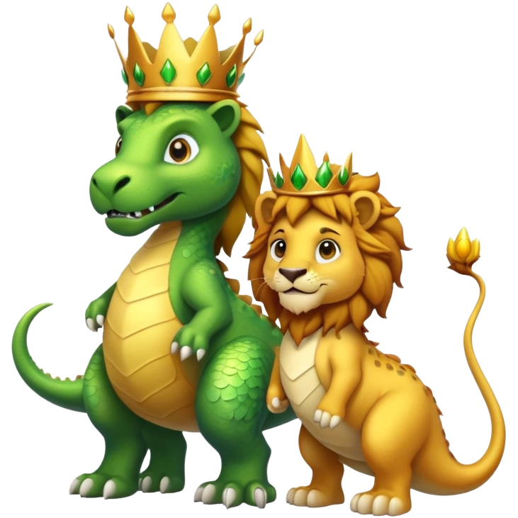 A lion wearing a golden crown standing next to a friendly dinosaur emoji