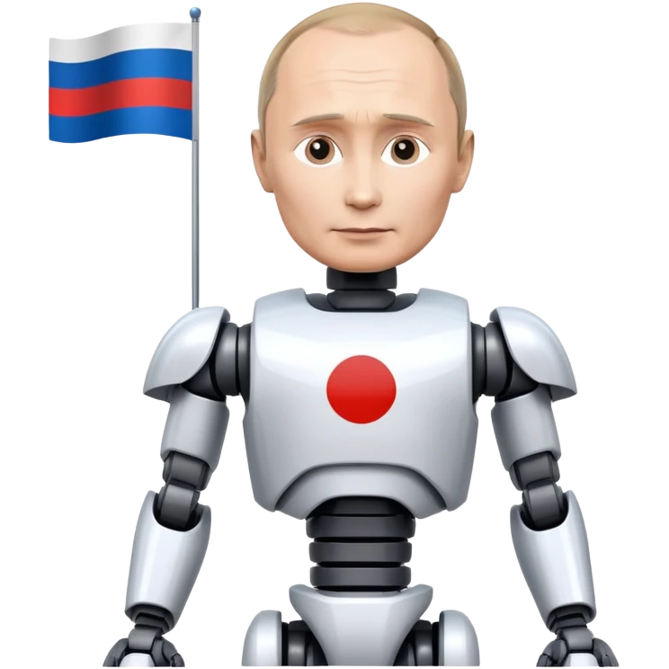 Futuristic robot with Vladimir Putin features and Russian flag colors emoji