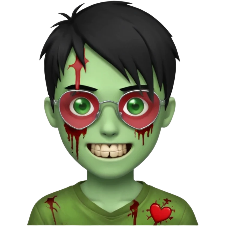 Zombie emo boy, green skin and black hair, chrome heart glasses and a scary cut open smile, scars and blood under eyes emoji