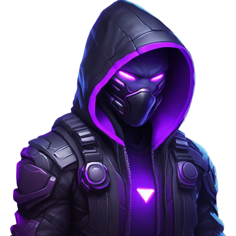 developer behind his laptop with this style : crysis Cyberpunk Valorant neon glowing bright purple character purple violet black hooded assassin themed character emoji