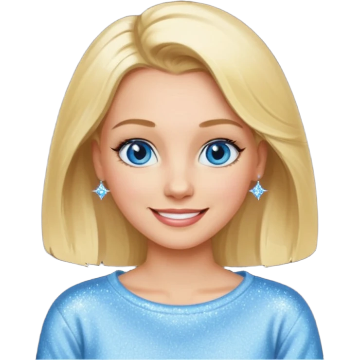 make this real, blond, hair below shoulder, blue eyes, 50s, sparkle in the eyes, fun, smile, no earrings, relaxed style, sweats or jeans emoji