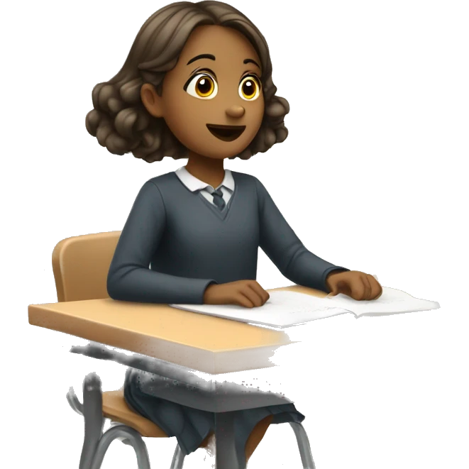 girl is sitting at school desk, hand is raised emoji