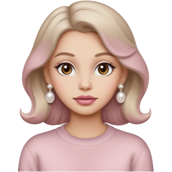 “Emoji girl, soft matte skin, neutral taupe eyeshadow, light rose lips, subtle contour, pearl earrings, loose waves, wearing cream cashmere sweater.” emoji