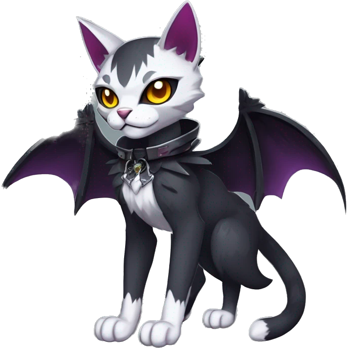   cool edgy beautiful anime-style ethereal dark-punk-themed animal vampiric cat-hybrid Fakemon with fangs and bat-wing-ears with a collar full body emoji