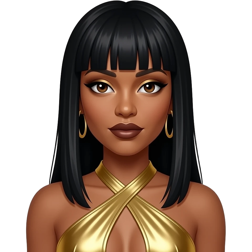 LeToya Luckett from Destiny's Child with dark brown eyes, long black 90s straight bang hair, gold eyeshadow, dark brown lipstick, gold metallic halter dress, gold earrings emoji
