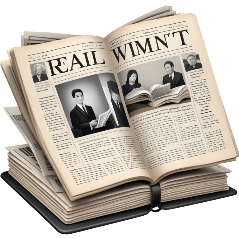 Icon for Non-Fiction & Narrative Reading: an open book with black-and-white photos on the pages, surrounded by a pile of newspaper clippings, and an open folder with top-secret documents. The icon should reflect the blend of real stories and facts in non-fiction literature. Transparent background. emoji