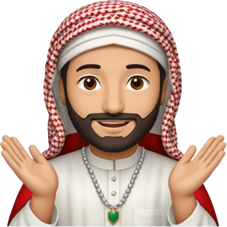 detailed iPhone-style emoji of a Saudi man in white thobe, red-and-white shemagh with black agal, short beard, brown eyes, smiling, both hands visible emoji