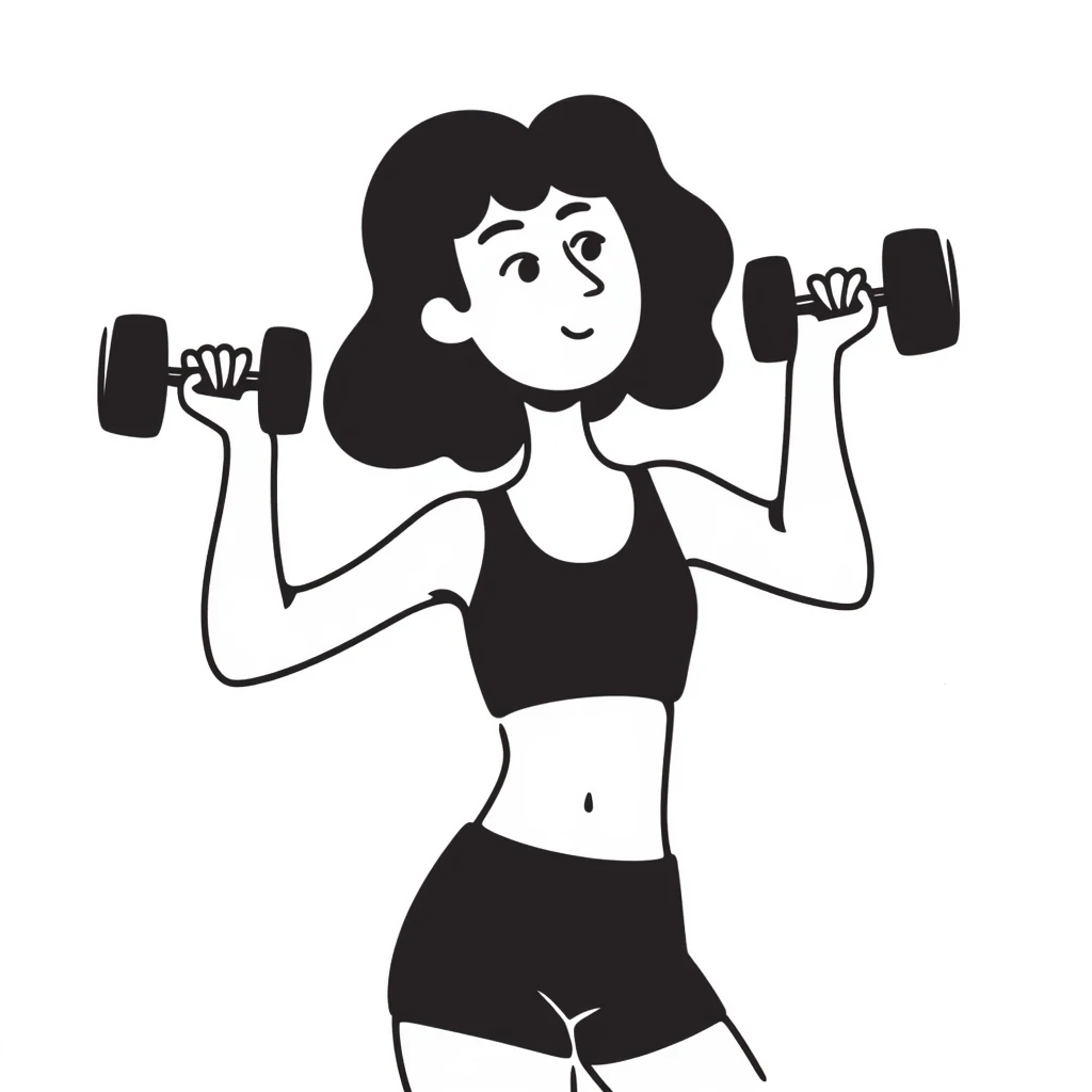 brunette girl in gym wear lifting a dumbbell, hand drawn style, notion style doodle emoji