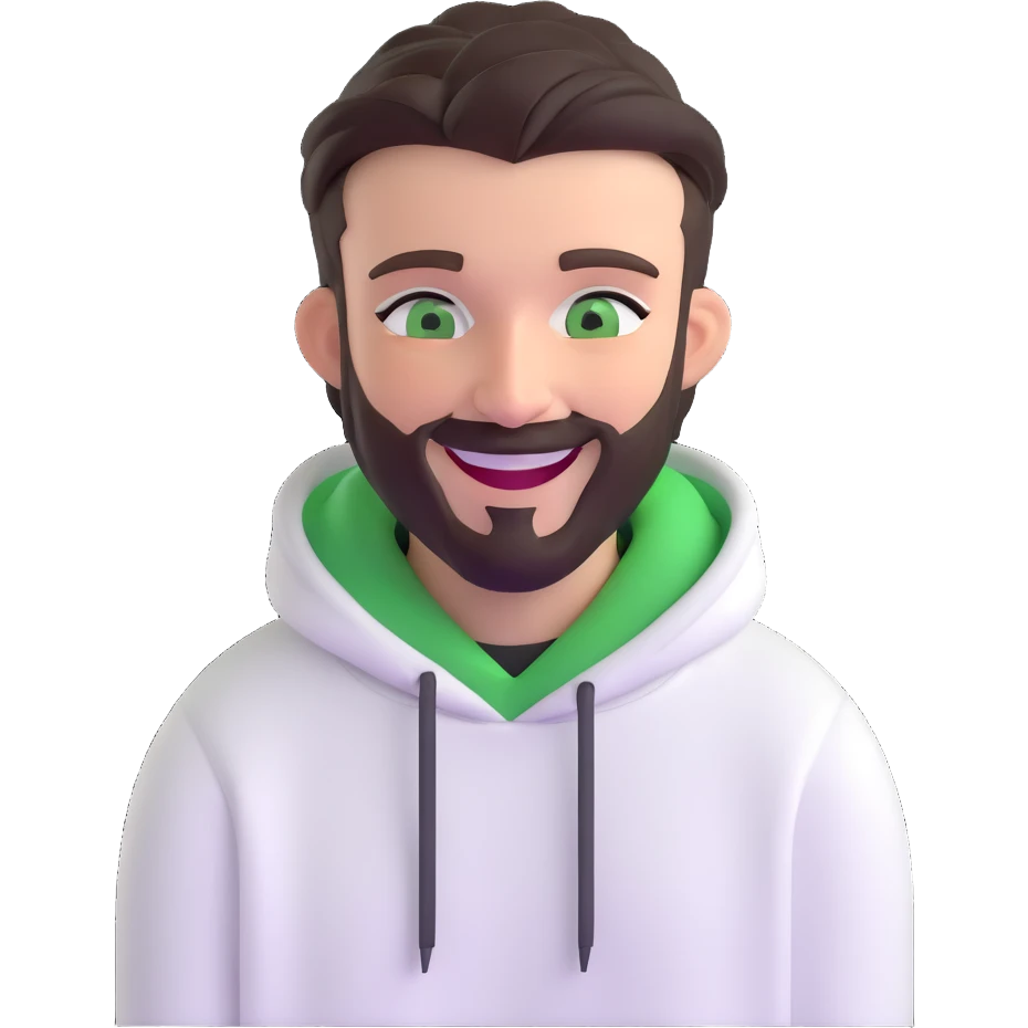 laughing guy with white hoodie, green eyes, dark brown undercut hairstyle and a short full beard emoji