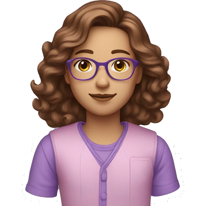 architect green eyes, prescription glasses, brown hair with highlights, wearing blue, lilac pink clothes emoji