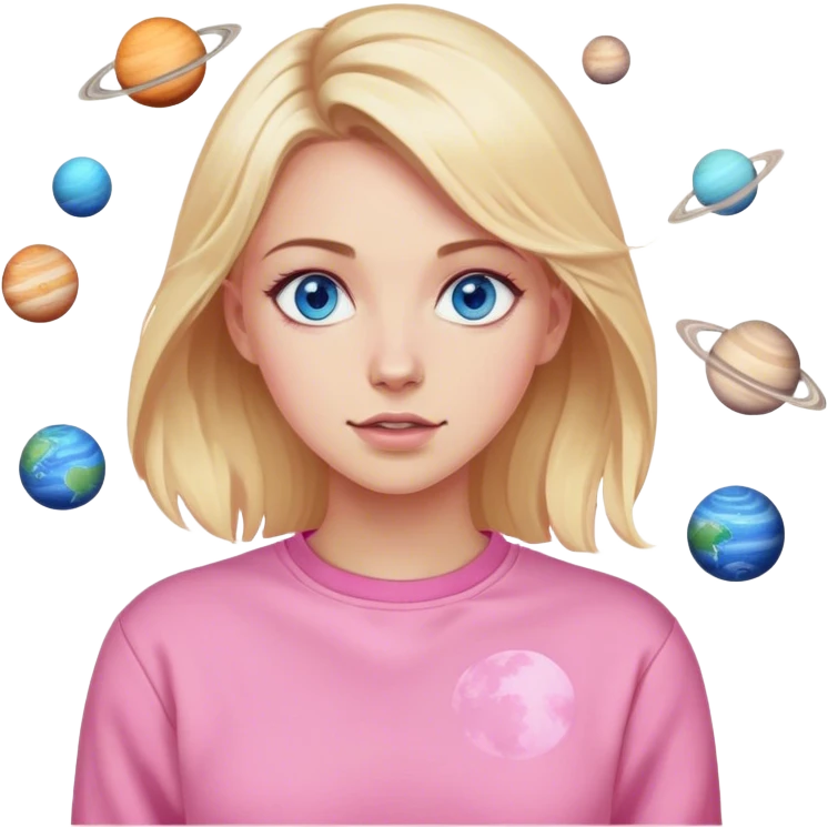 A blonde with blue eyes in a pink sweatshirt is standing, and the planets are spinning emoji