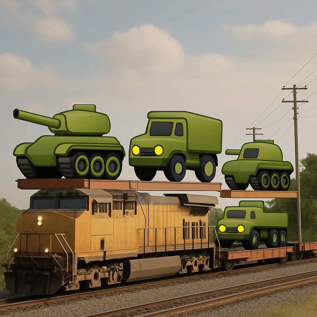 Create a highly realistic image of an ordinary cargo train transporting military equipment such as tanks and trucks, in a classic emoji style. This is variant 4. emoji