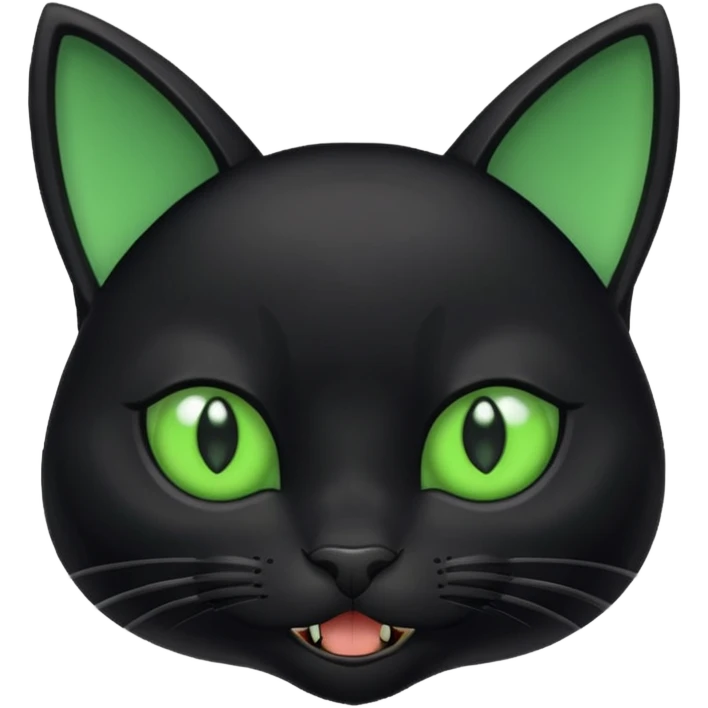 Black cat with large ears and green eyes with small fangs emoji