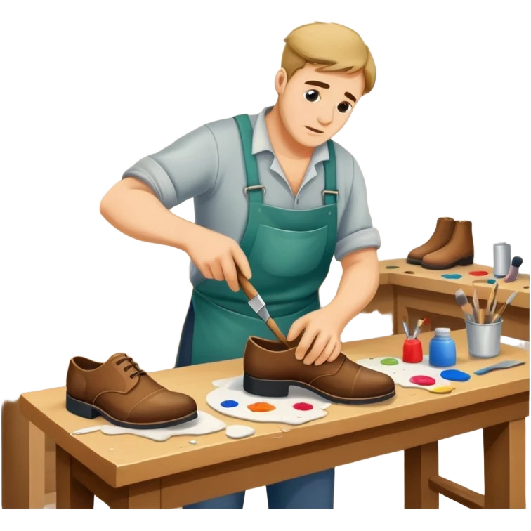 A shoemaker struggling to paint a portrait while his shoe shop is messy  emoji